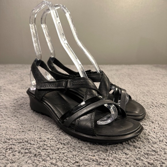 Ecco Shoes - Ecco Felicia Sandals Womens 39 Black Leather Strappy Slingback Wedge Minimal